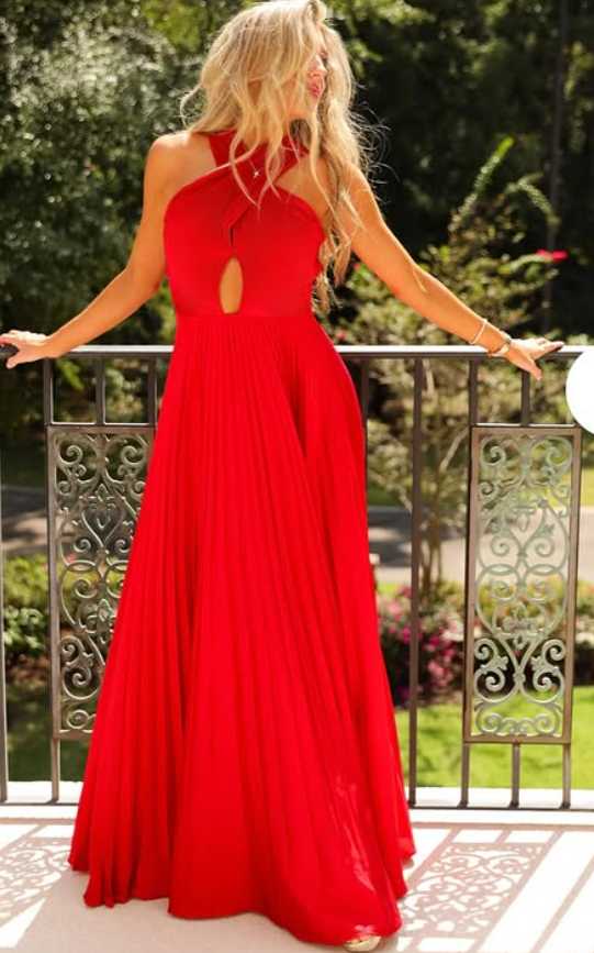 Red Halter Neck Pleated Maxi Dress