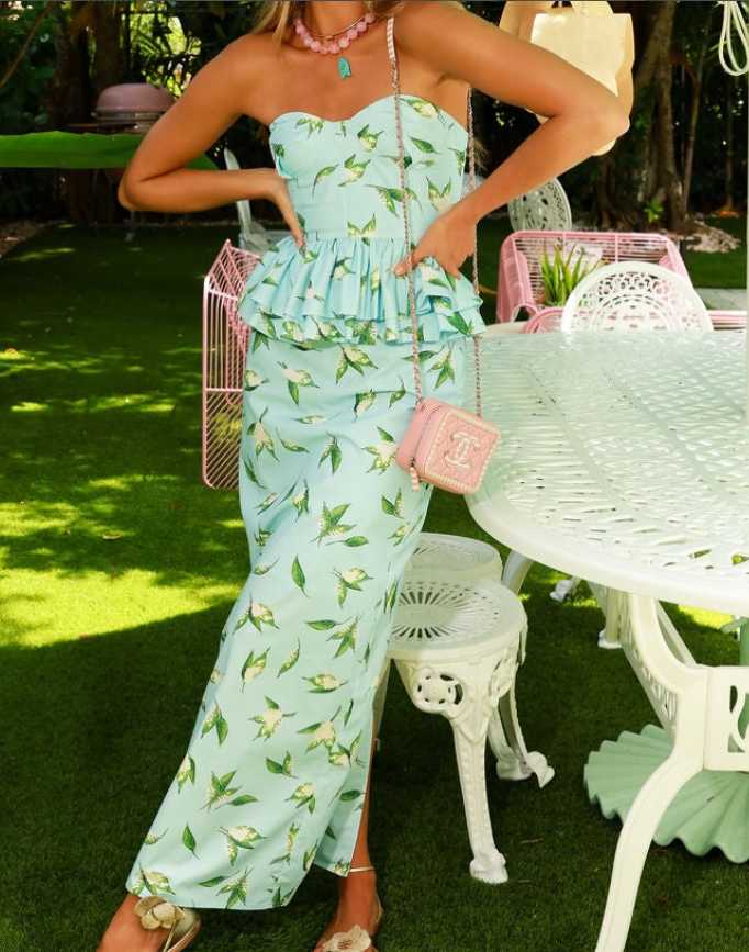 Mint Green Leaf Print Strapless Peplum Midi Dress