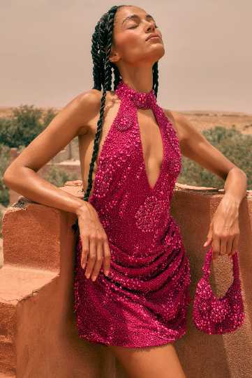 Fuchsia Beaded Halter Mini Dress