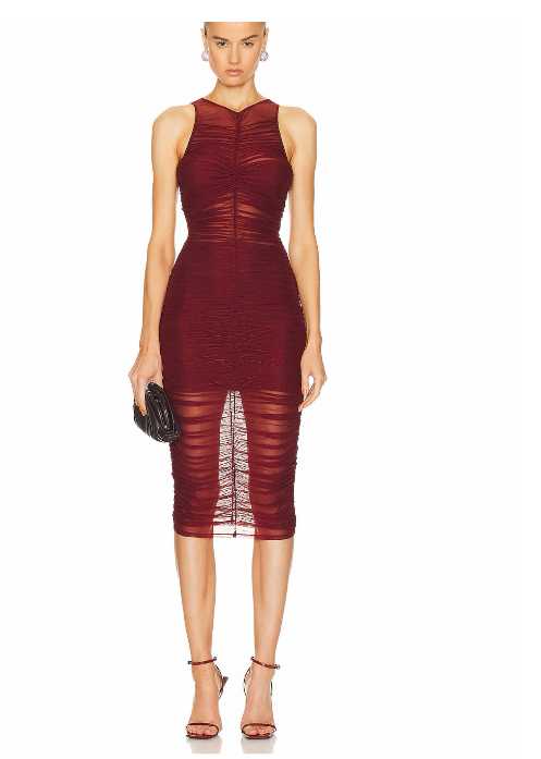 Burgundy Ruched Mesh Midi Dress