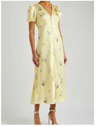 Yellow Floral Puff Sleeve Midi Dress