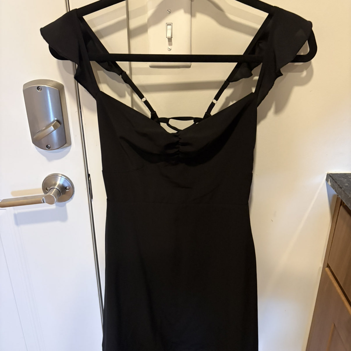 Lulus Black Ruffle-Shoulder Lace-Up Mini Dress