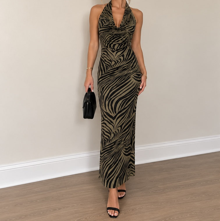 ZARA Olive Zebra Print Halter Maxi Dress