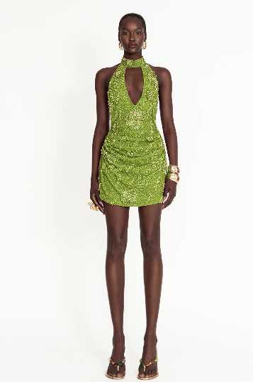 Lime Green Sequin Halter Mini Dress