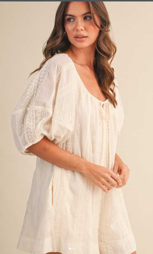 Embroidered Puff Sleeve Romper