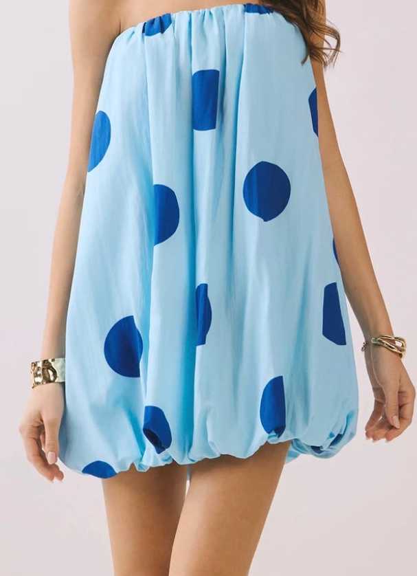 Light Blue Polka Dot Bubble Hem Strapless Dress