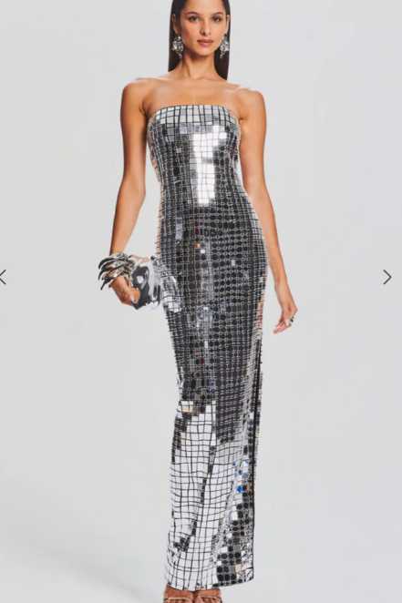 Silver Mirror Ball Strapless Maxi Dress