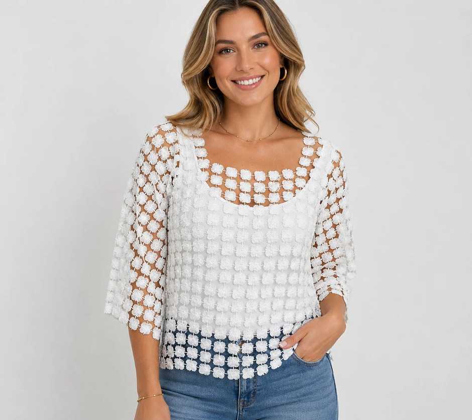 Botique White Floral Cut Out Crochet Square Neck Top