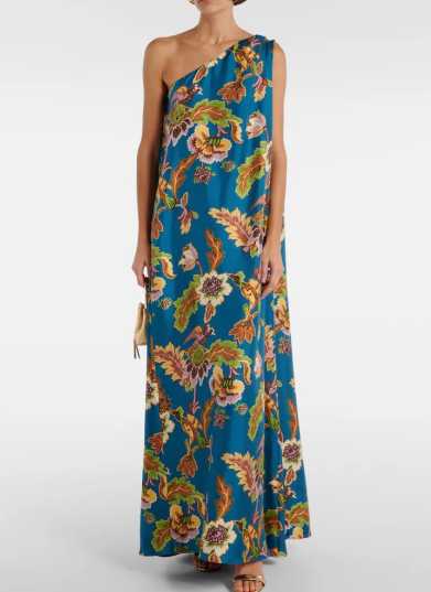 Teal Multi-color Floral One-Shoulder Maxi Dress