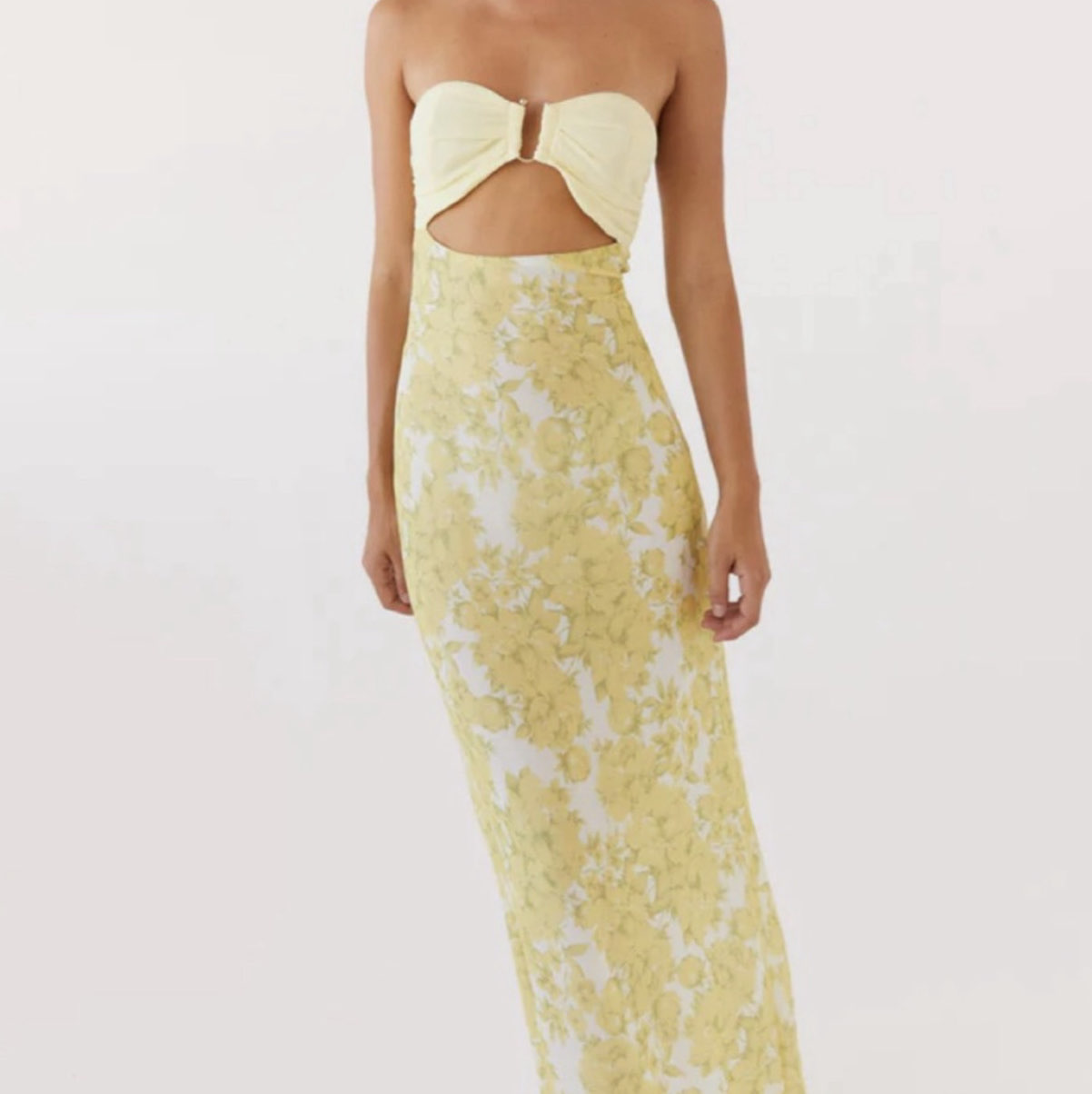 Peppermayo Yellow Floral Cutout Strapless Maxi Dress