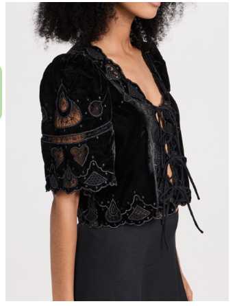 Black Velvet Embroidered Lace-Up Top