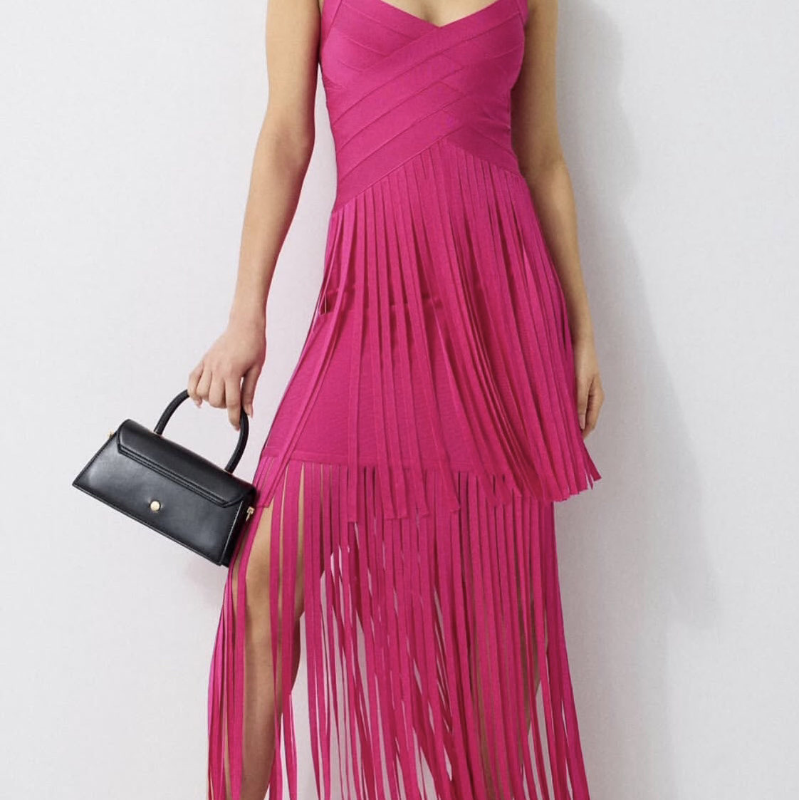 Herve Leger Magenta Fringed Bandage Maxi Dress