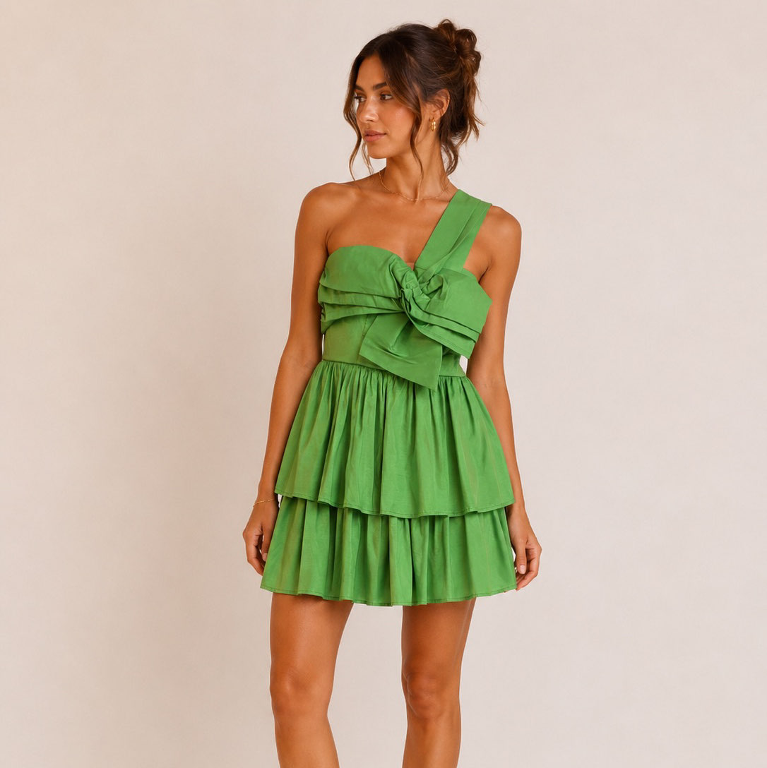 Studio City Macy’s Green One Shoulder Bow Tiered Mini Dress