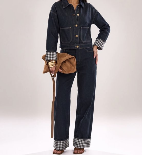 Revolve Dark Wash Denim Jacket and Wide-Leg Jeans Set