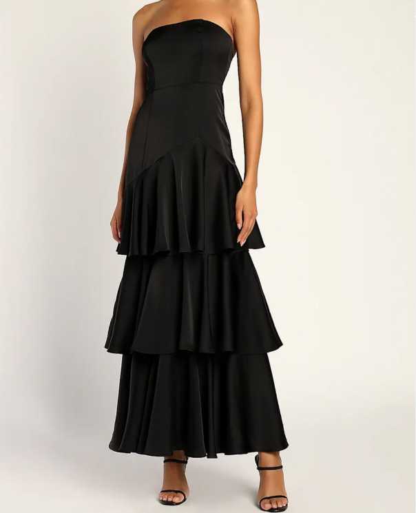 Black Strapless Tiered Maxi Dress
