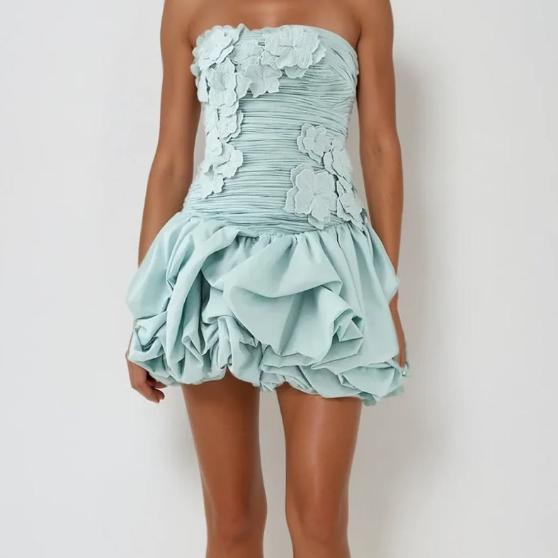 Innovar Denim Mint Green Floral Bubble Mini Dress