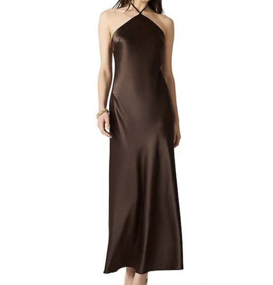 Brown Halter Neck Satin Maxi Dress