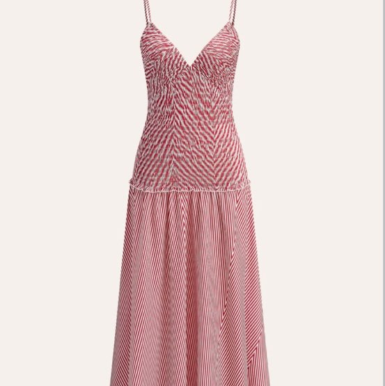 Red and White Striped Smocked Midi Dress