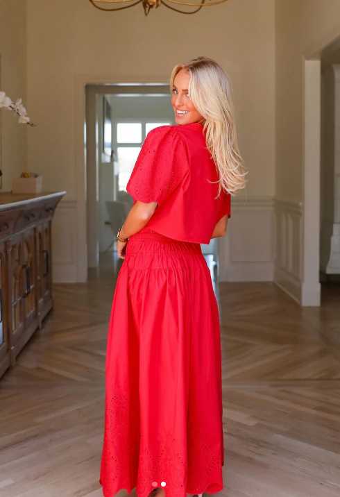 Red Eyelet Crop Top and Maxi Skirt Set