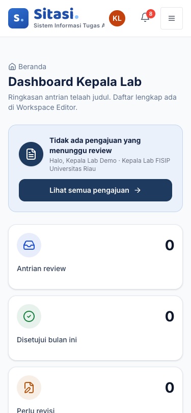 Dashboard Kepala Lab pada layar ponsel