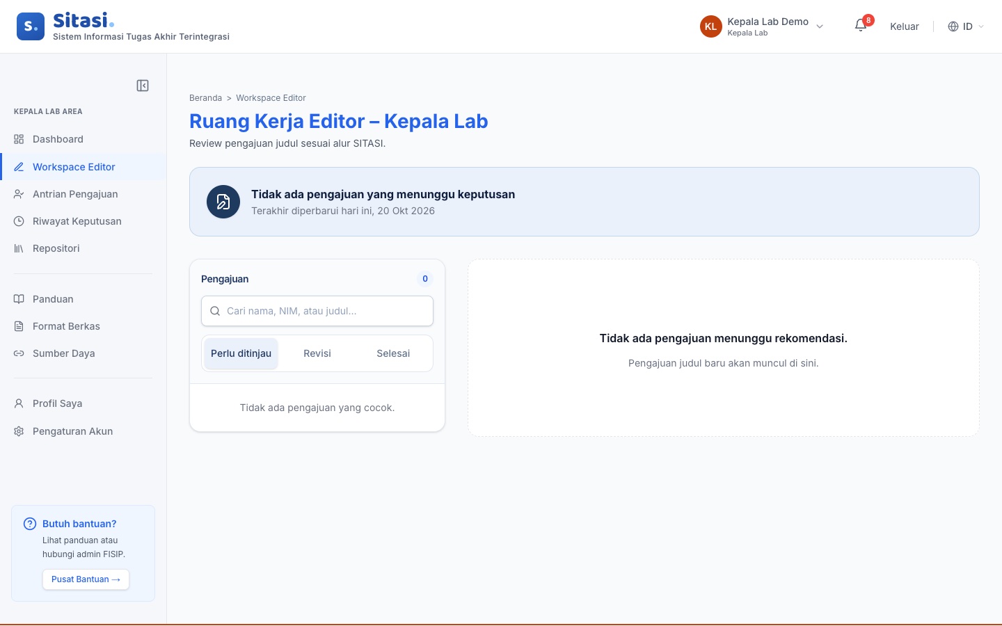Workspace Editor saat antrean kosong
