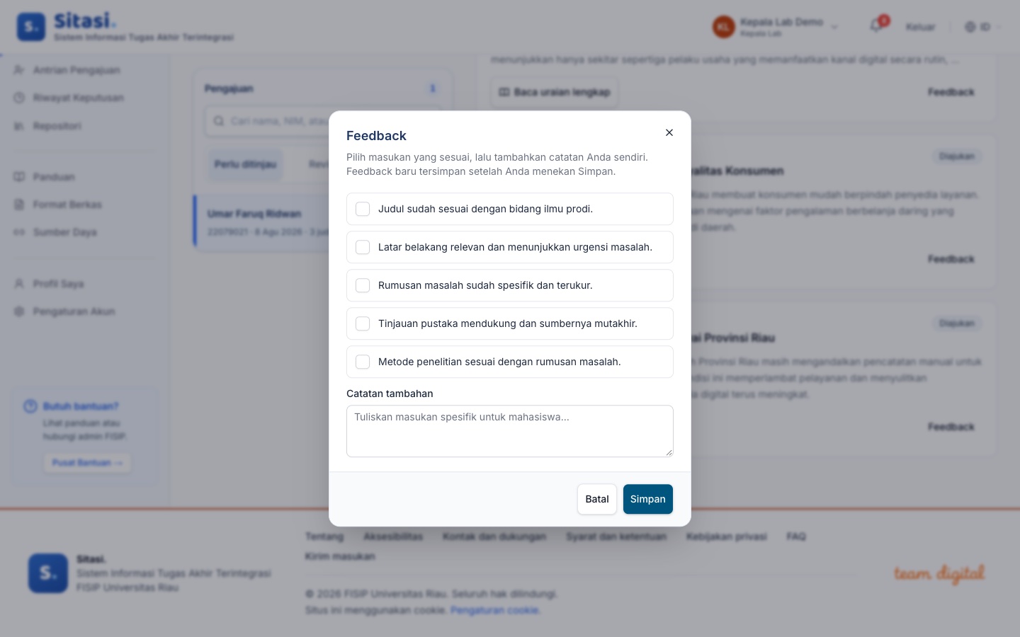 Jendela feedback untuk judul kandidat