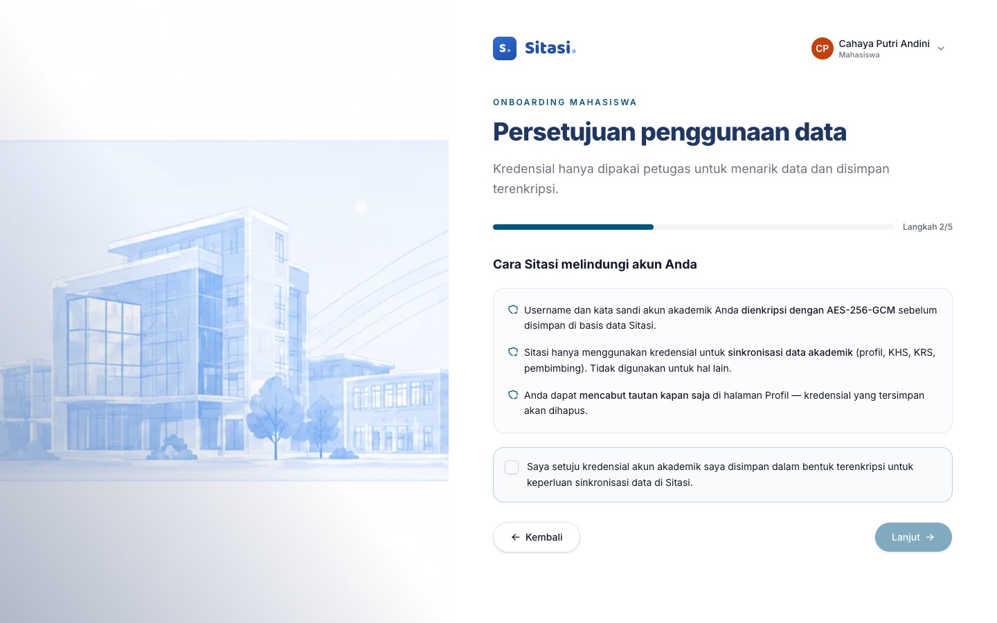 Langkah 2 onboarding: persetujuan penggunaan data