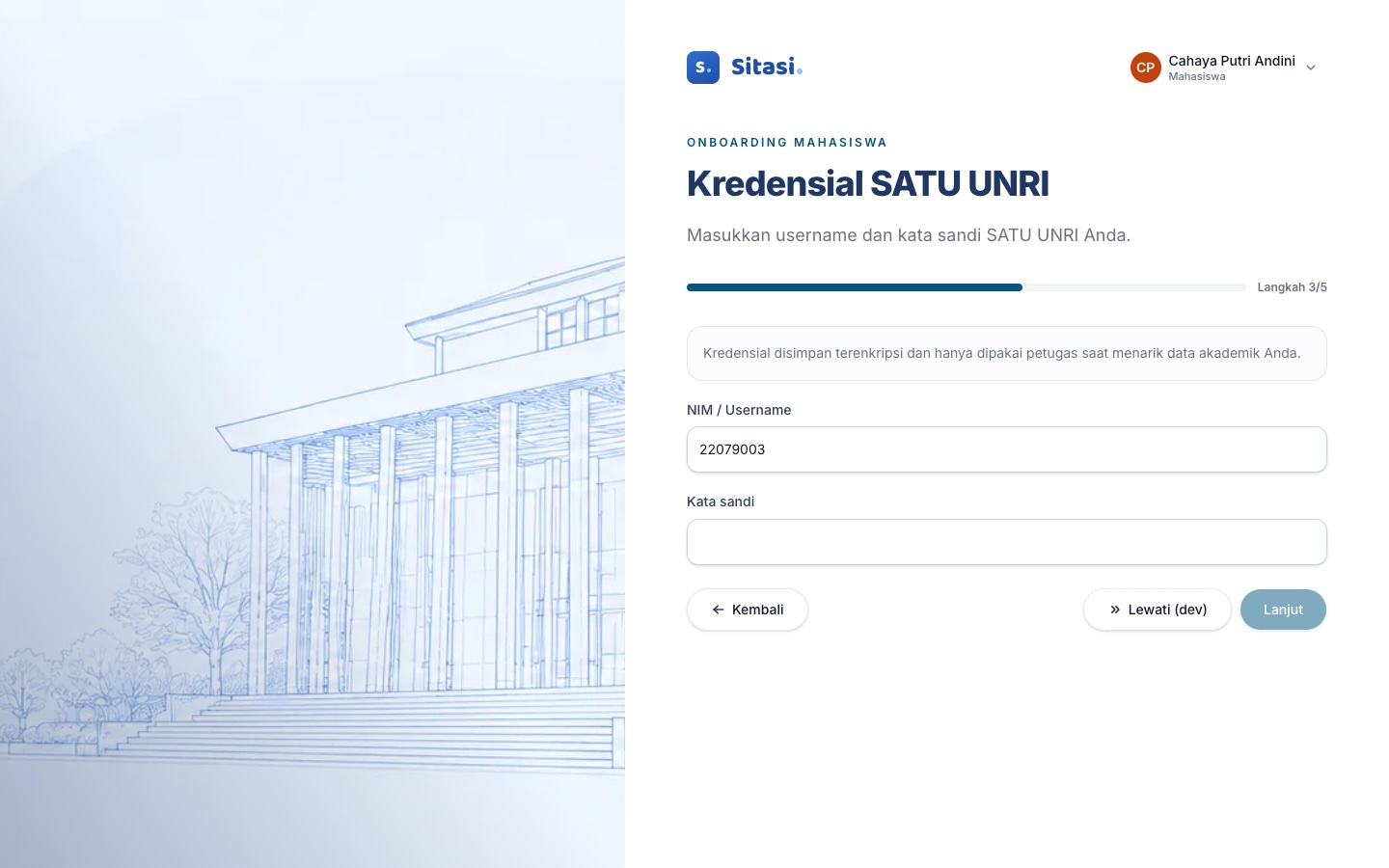 Langkah 3 onboarding: kredensial SATU UNRI