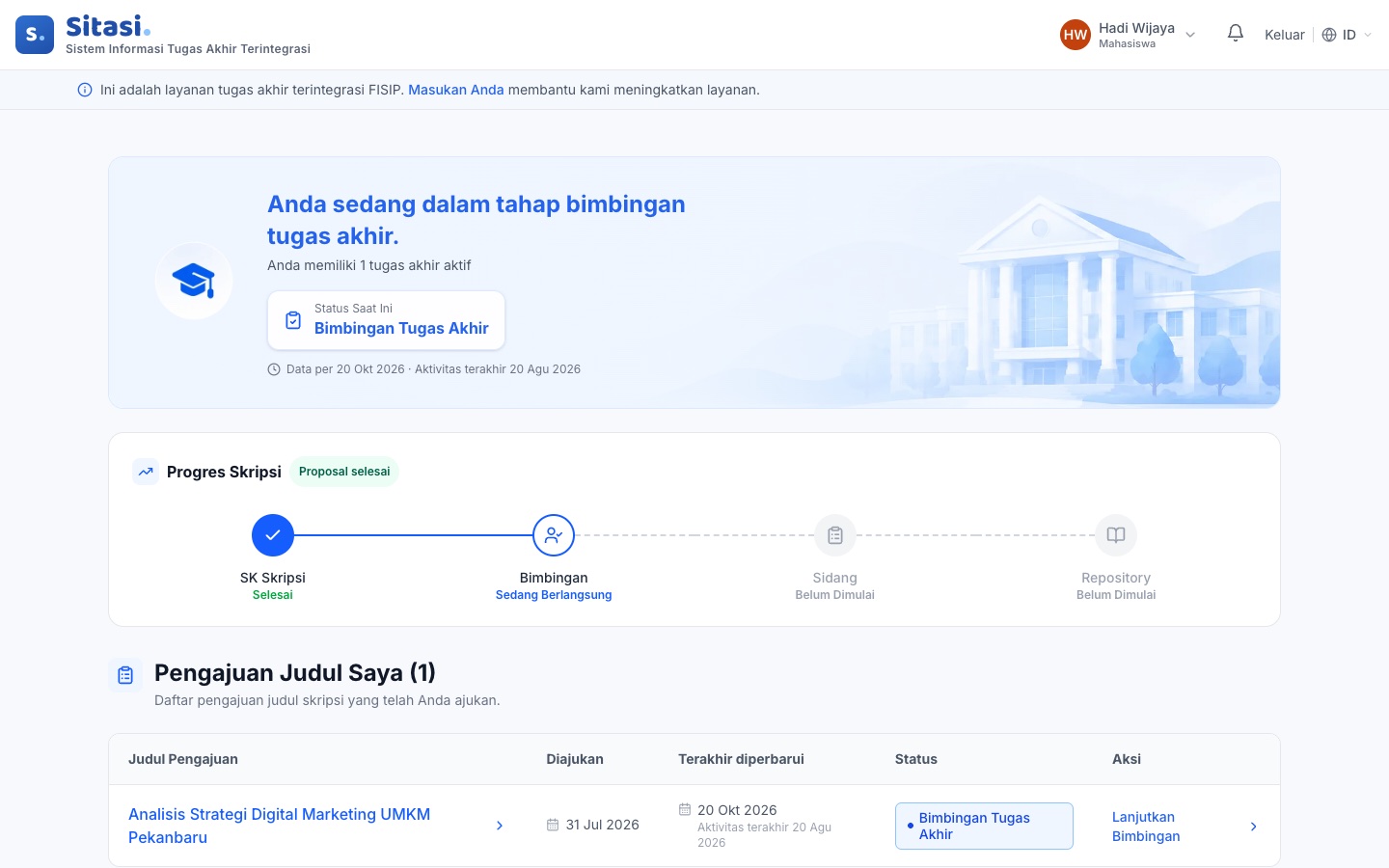 Beranda mahasiswa pada tahap bimbingan tugas akhir
