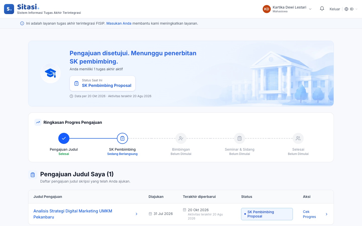 Beranda mahasiswa yang menunggu penerbitan SK