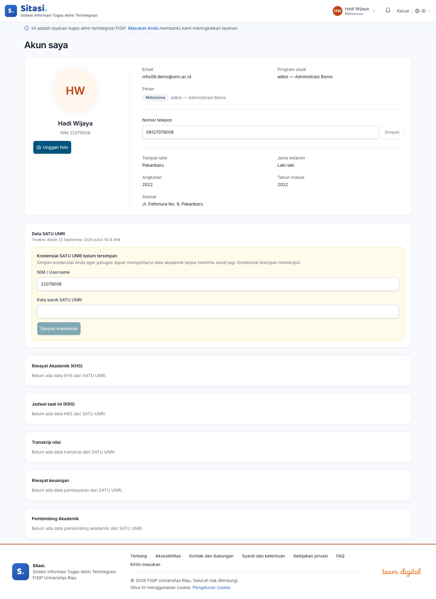 Halaman profil mahasiswa