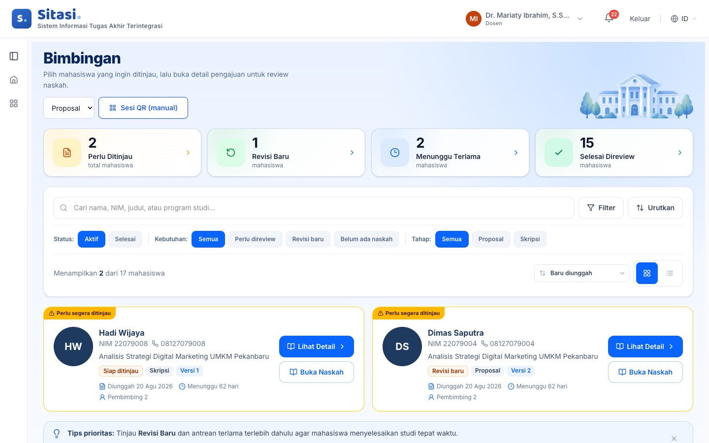 Daftar mahasiswa dengan filter Selesai