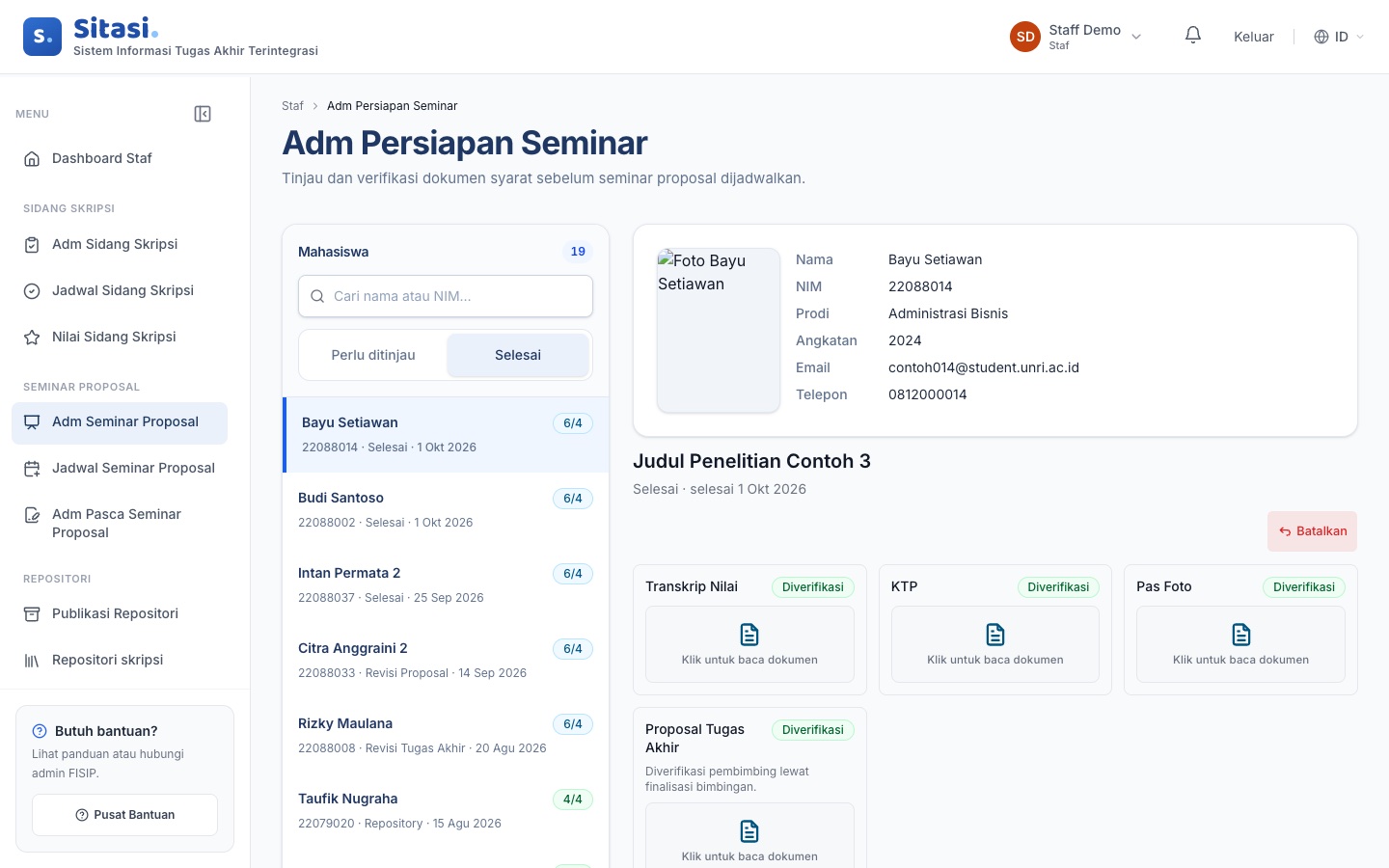 Tab Selesai pada halaman Adm Persiapan Seminar