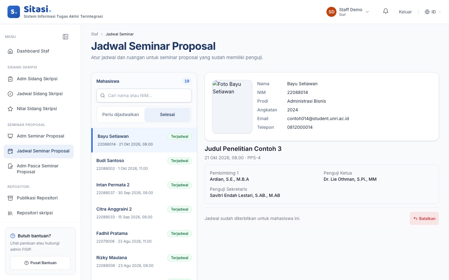 Tab Selesai pada Jadwal Seminar Proposal