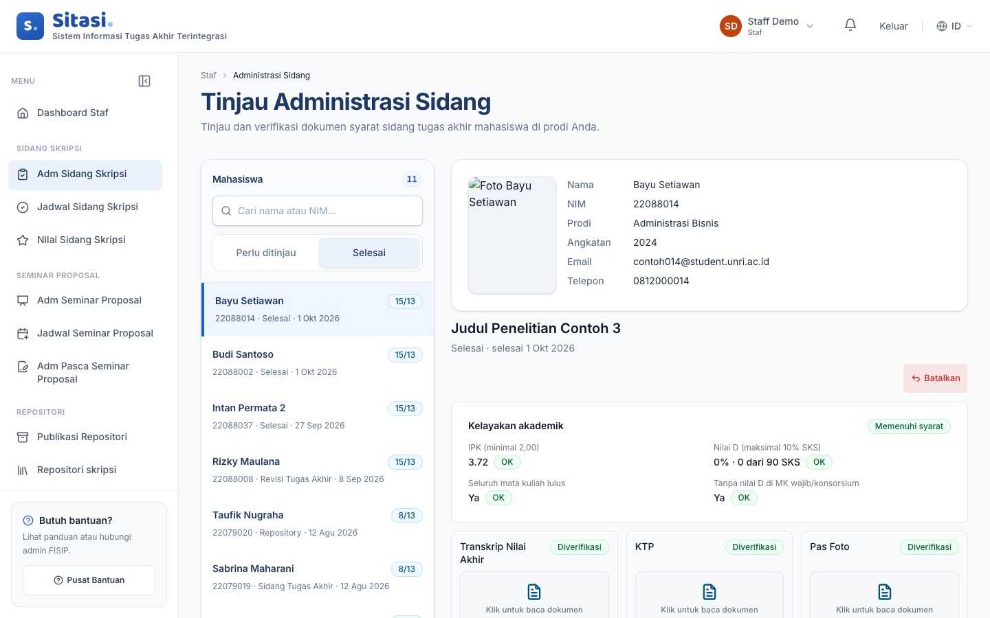 Tab Selesai pada halaman Administrasi Sidang