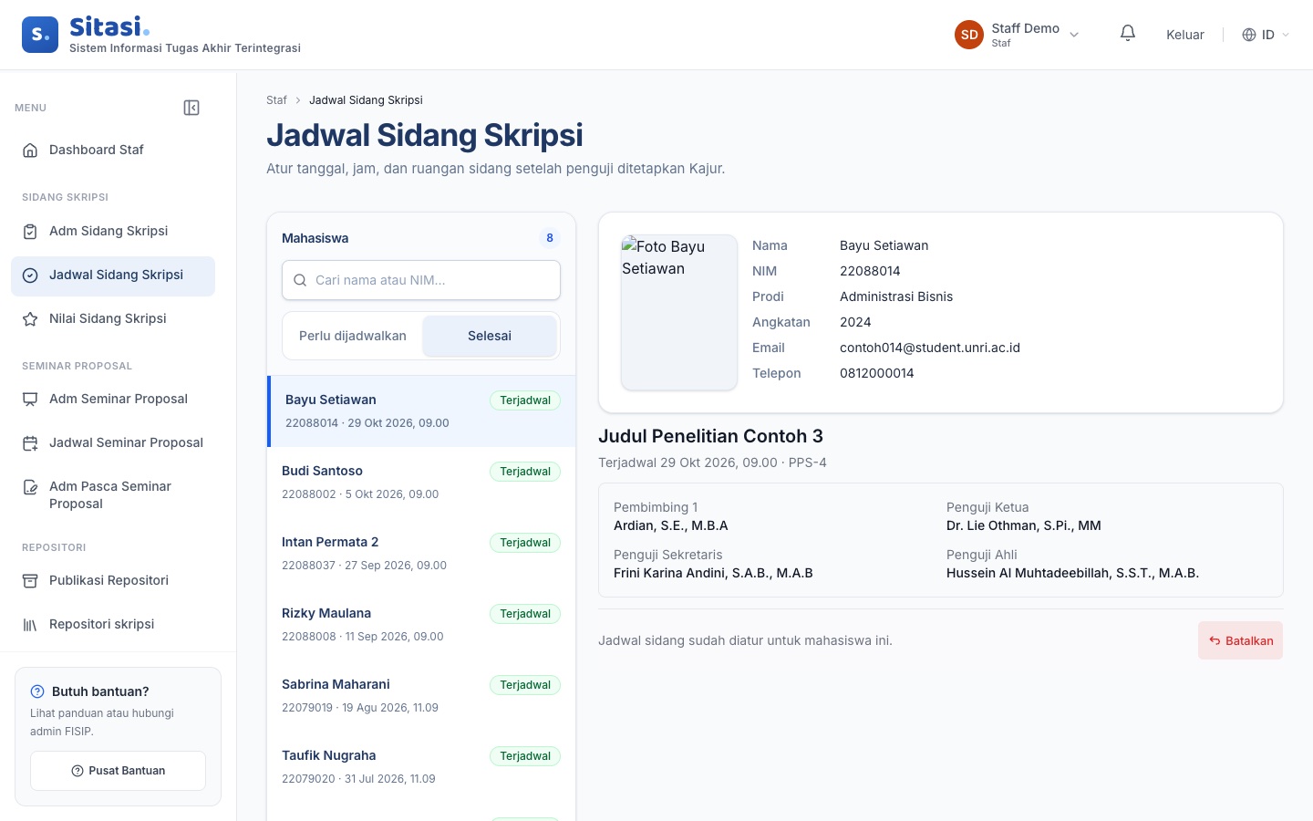 Tab Selesai pada Jadwal Sidang Skripsi