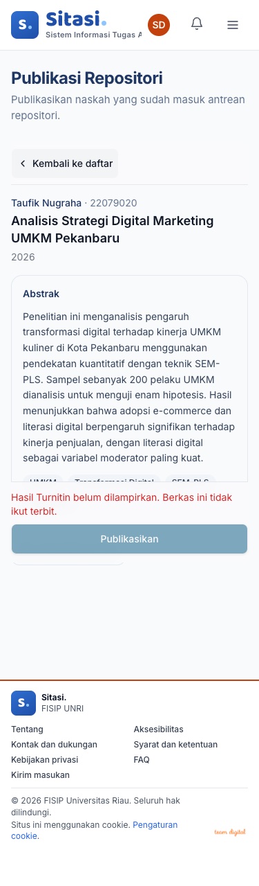 Halaman Publikasi Repositori pada layar ponsel