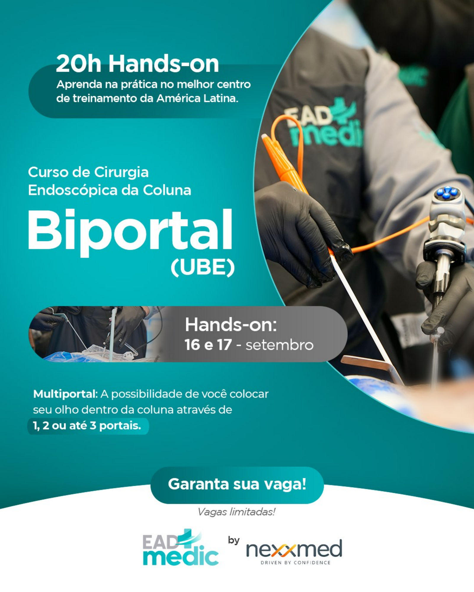 Biportal UBE, cirurgia endoscópica da coluna. Curso presencial hands-on em 16 e 17 de setembro de 2026.