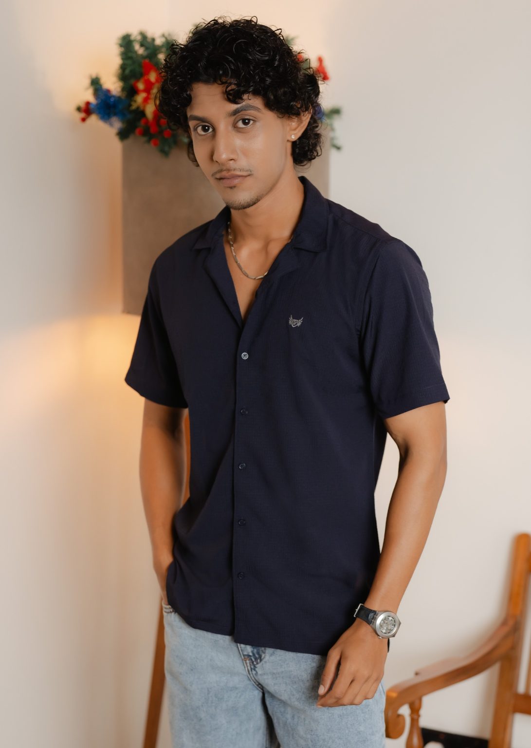 MEN’S CASUAL CUBAN COLLAR BLUE SHORT SLEEVE SHIRT