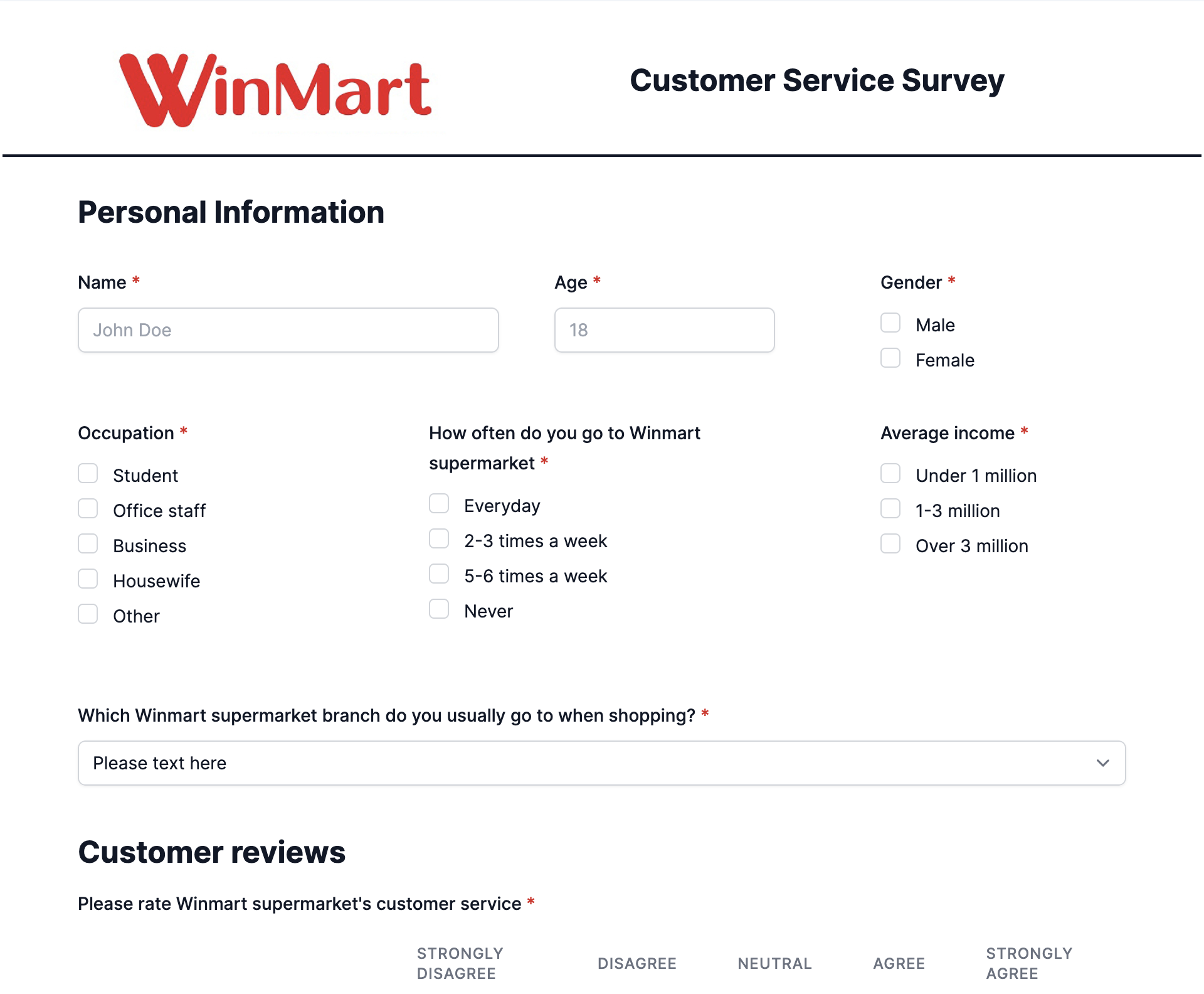 Demo form for clothes order