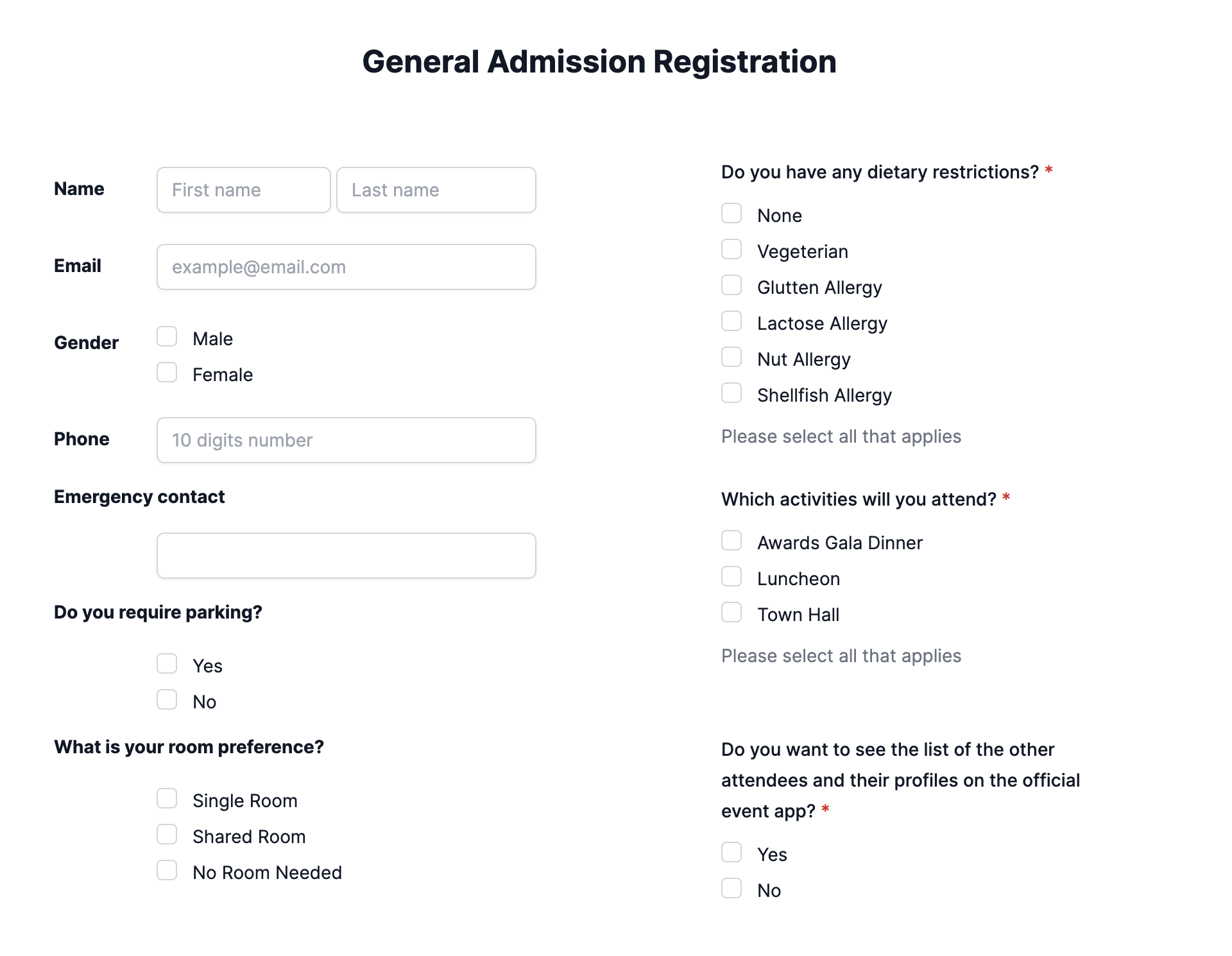 Demo form for general admission registration