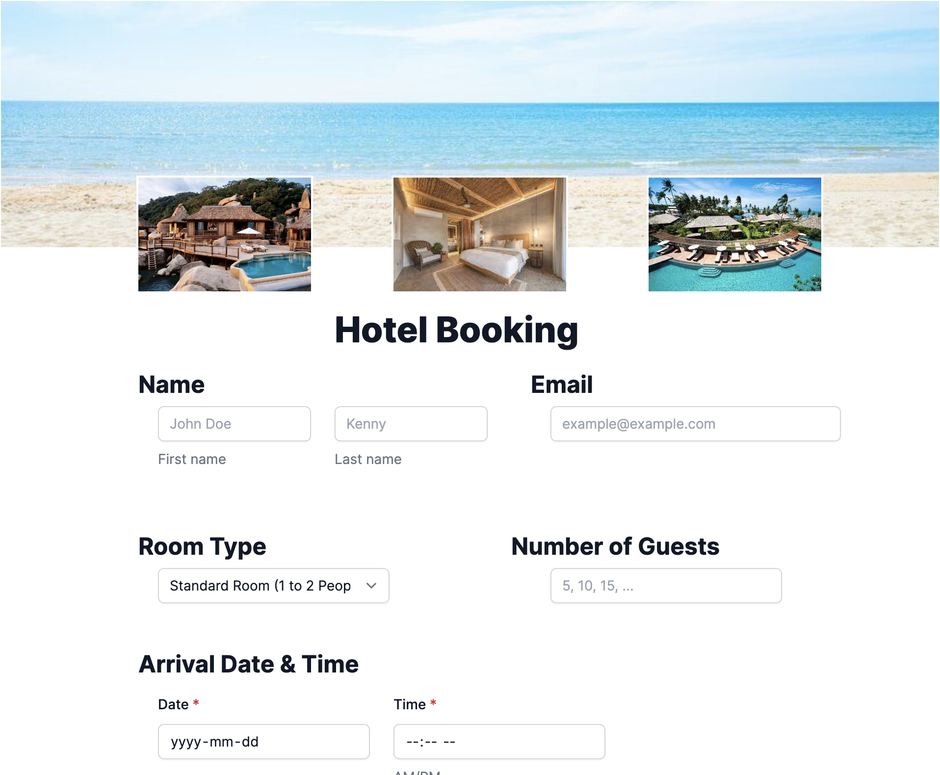 Demo form for hotel booking