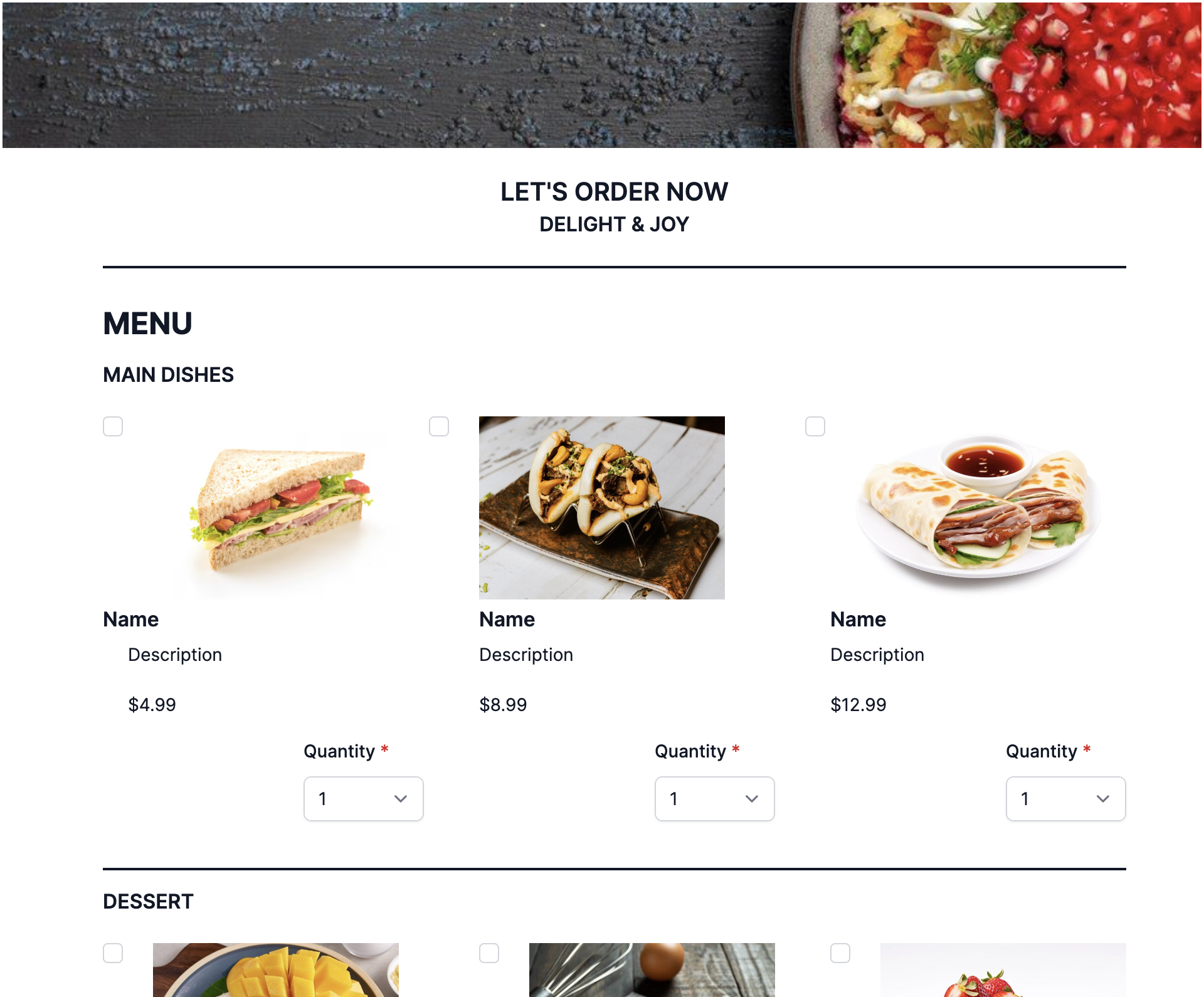 Demo form for restaurant order