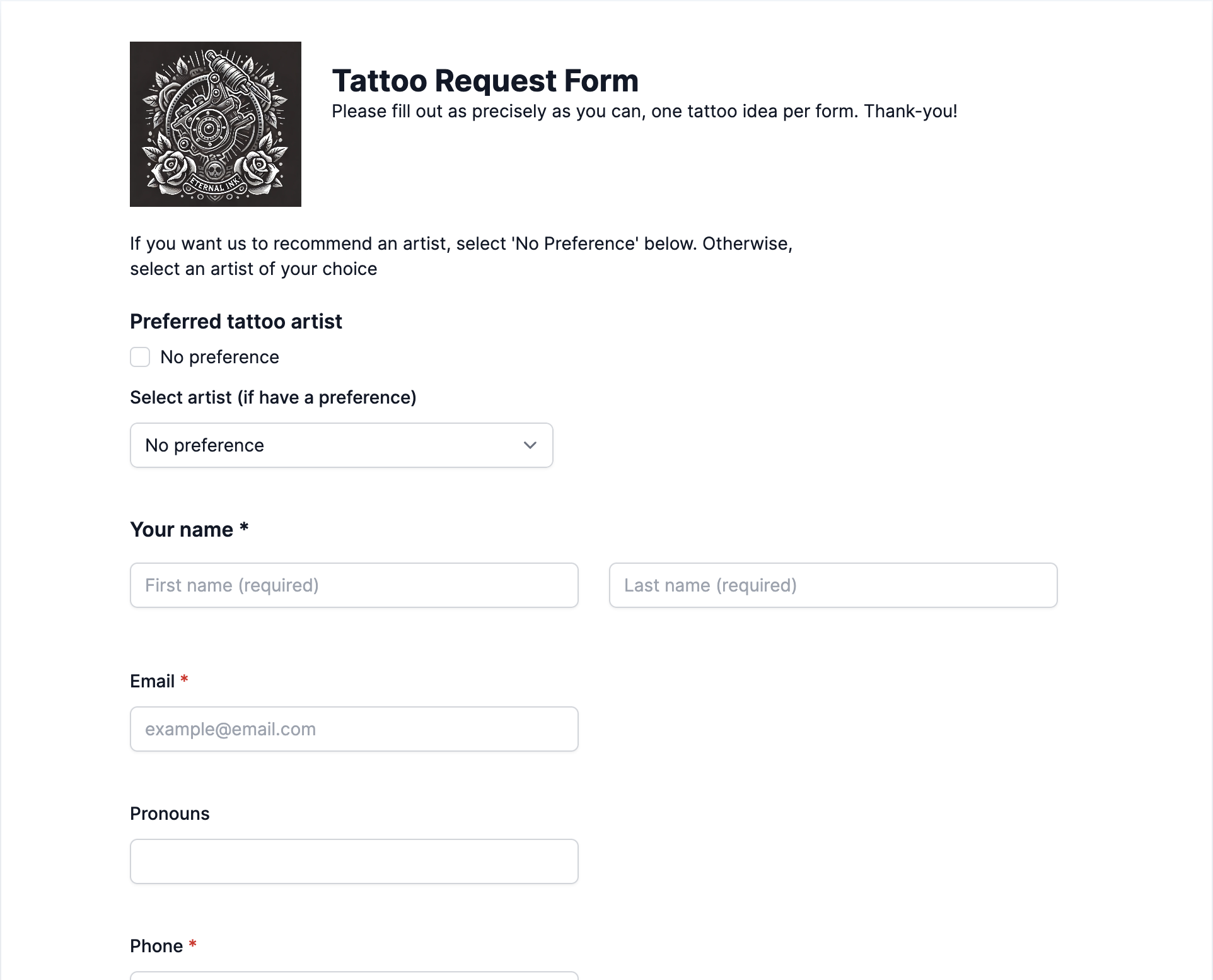 Demo form for tattoo request