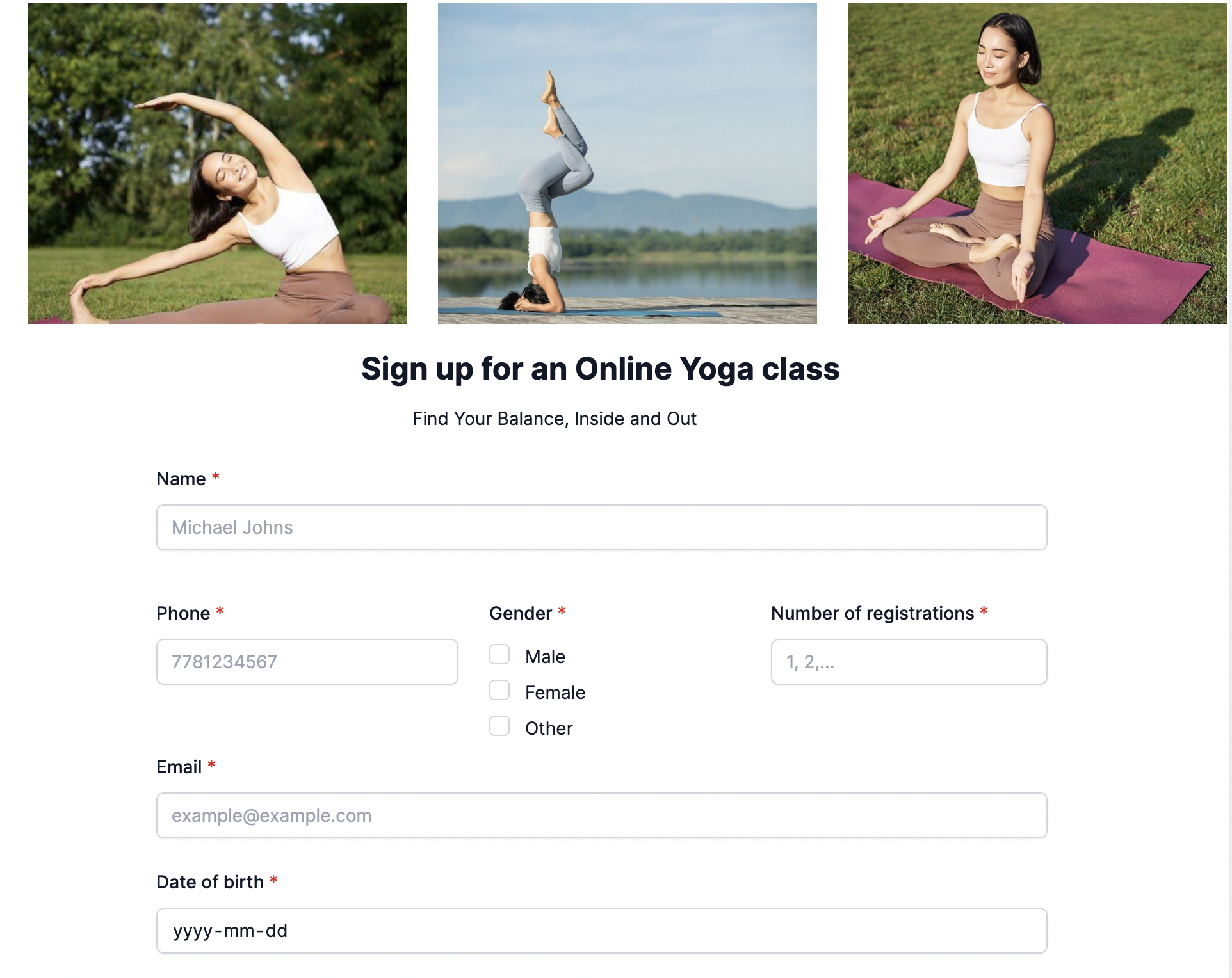 Demo form for yoga class registration