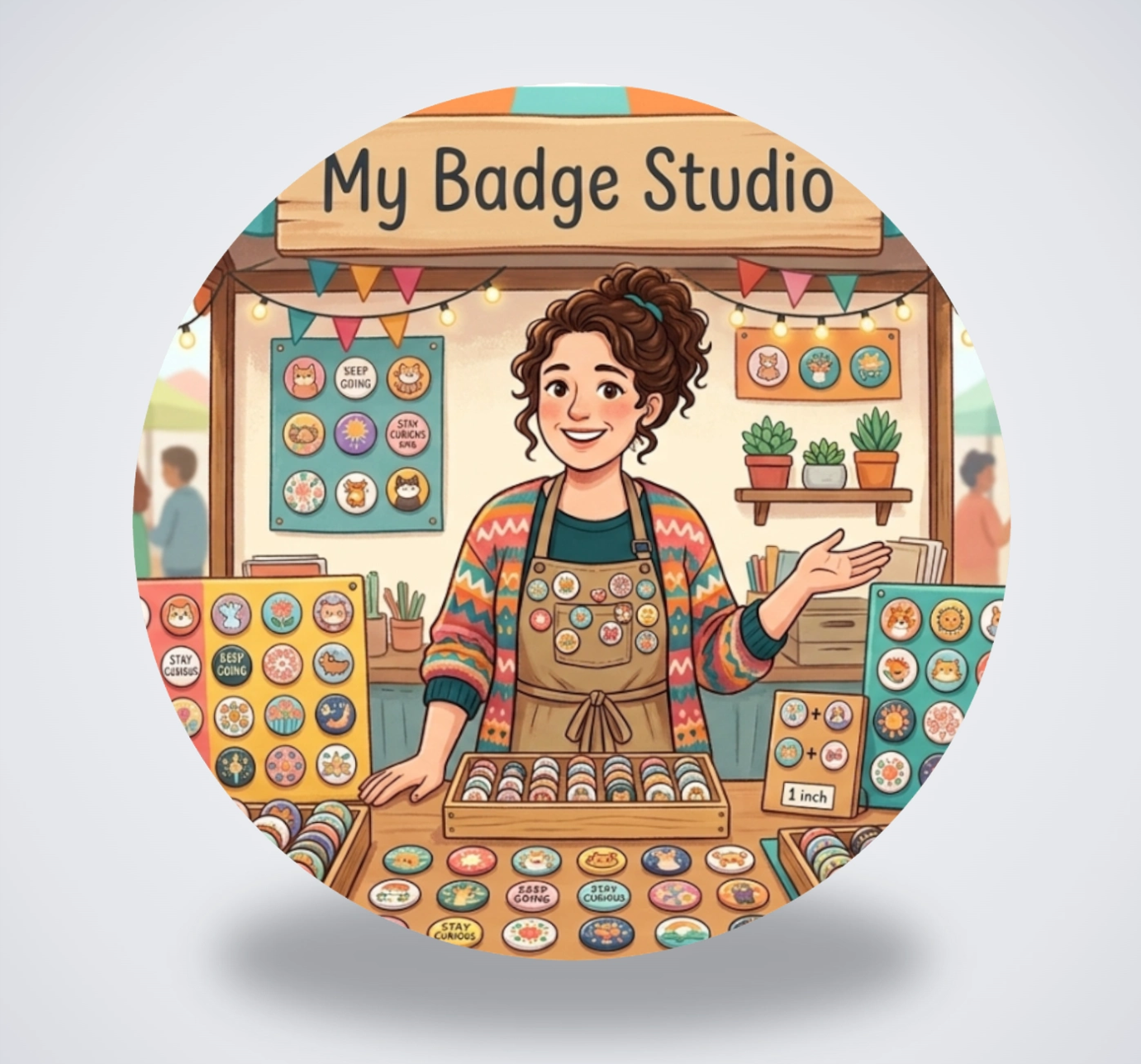 photoreal 3D mockup of a custom button badge downloaded from My Badge Studio