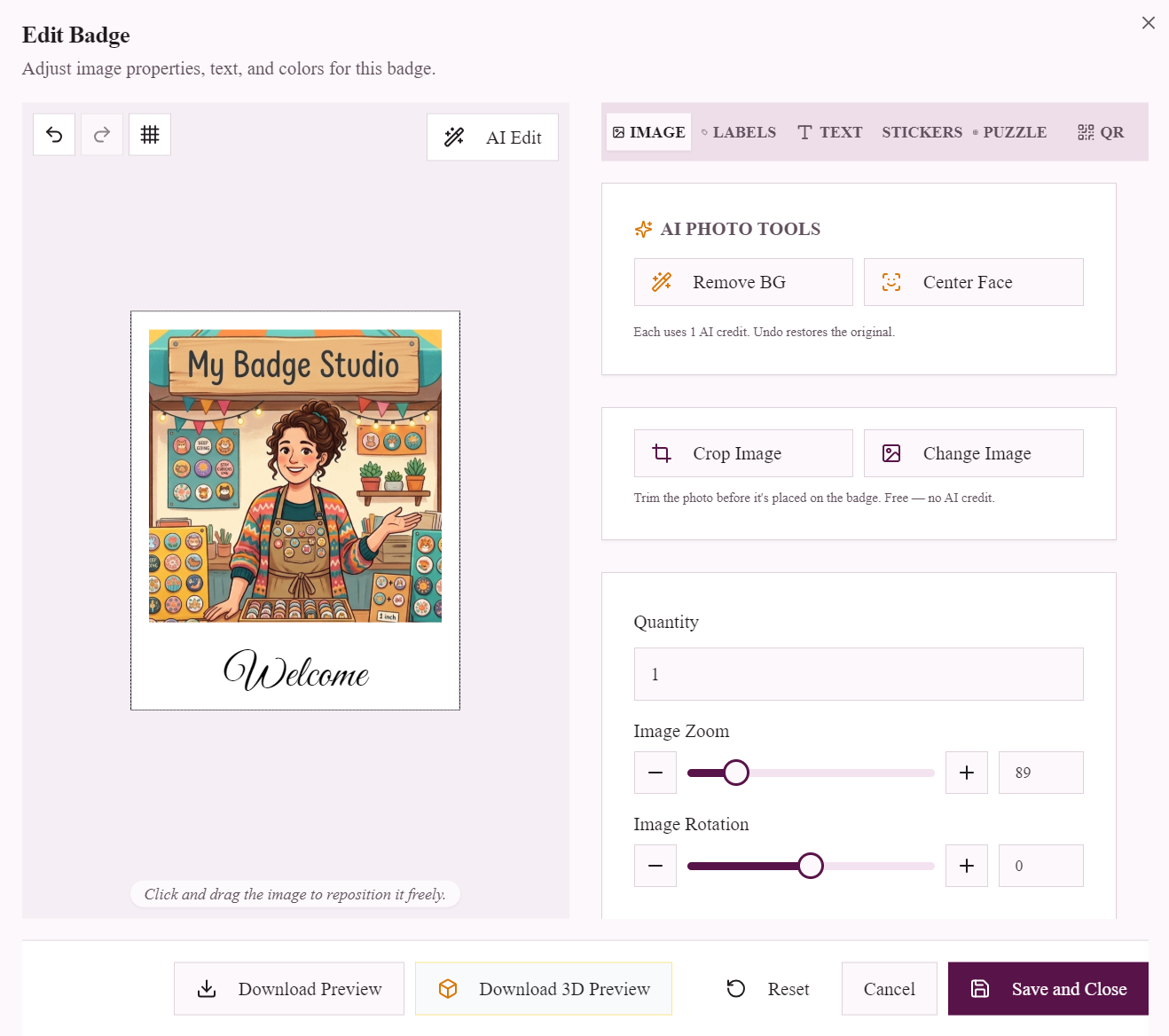 Photo magnet being designed in the My Badge Studio editor — white instant-photo frame, square photo window and a handwritten Welcome caption