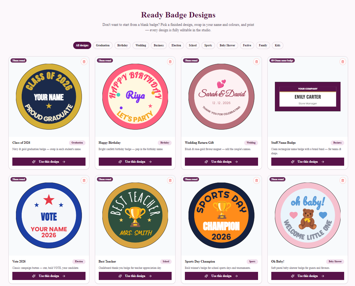 Ready Badge Designs: Personalise a Finished Badge in 60 Seconds