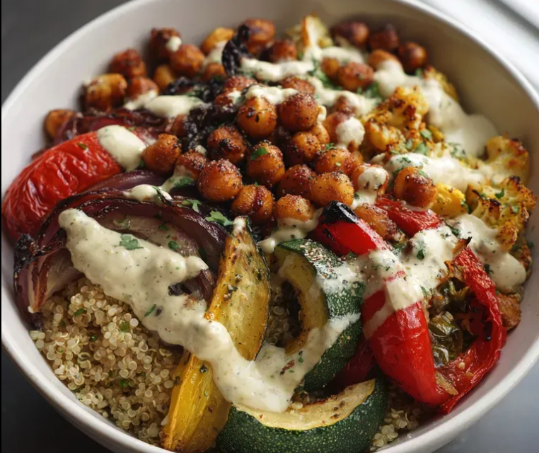 A colorful grain bowl with fluffy quinoa, bright tomatoes, green avocado fans, chickpeas, and spinach, drizzled with creamy tahini dressing.
