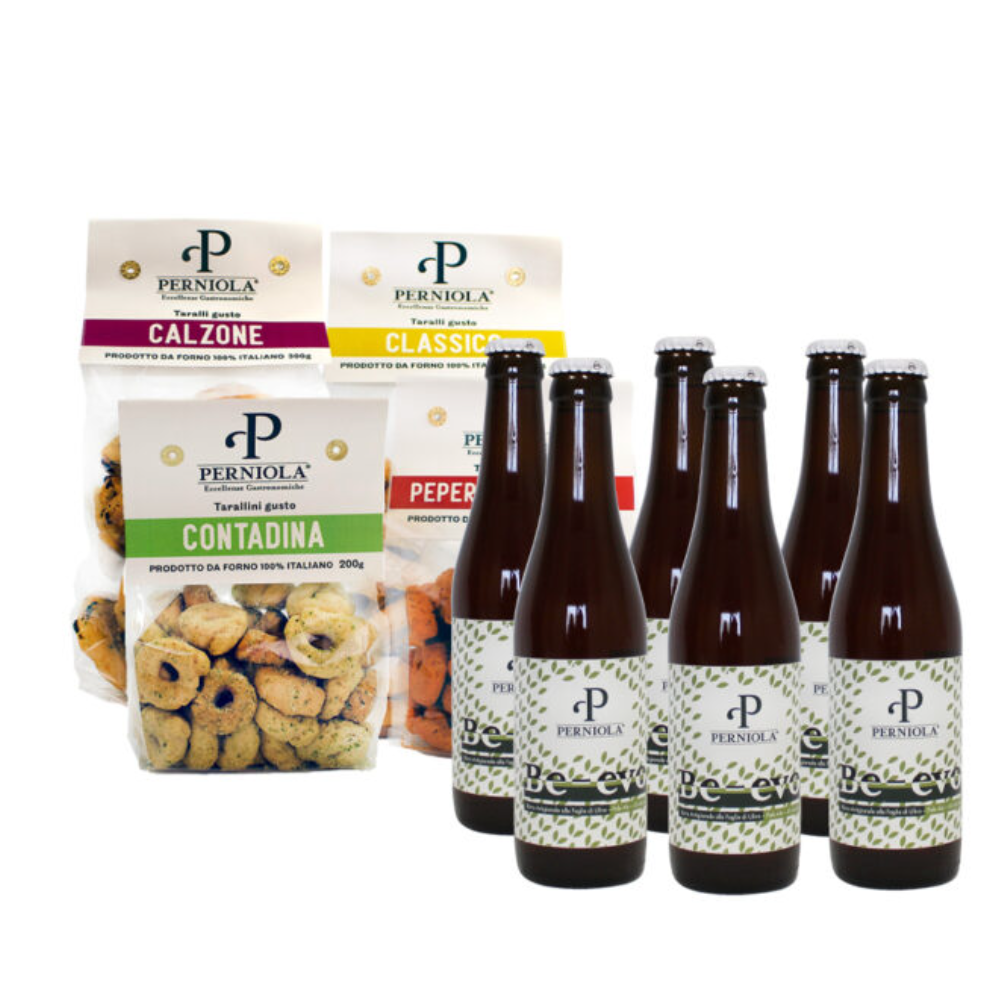 AperiKit Big con 6 Birre Artigianali Foglia d’Ulivo da 33cl + 200g di Tarallini alla Contadina + 300g Taralli al Gusto Calzone + 300g di Taralli Classici + 200g di Tarallini al Peperone Crusco